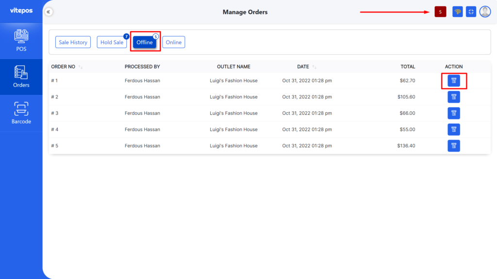 Manage Orders - Vitepos