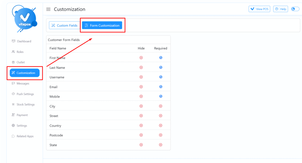 Customer form customization - Vitepos